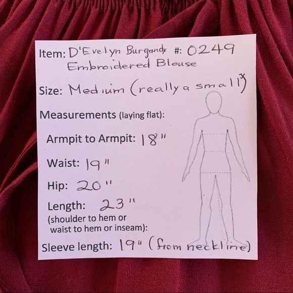 🔥5/$20🔥 “D’Evelyn” Burgundy Embroidered Blouse NWT S/M - Picture 8 of 8